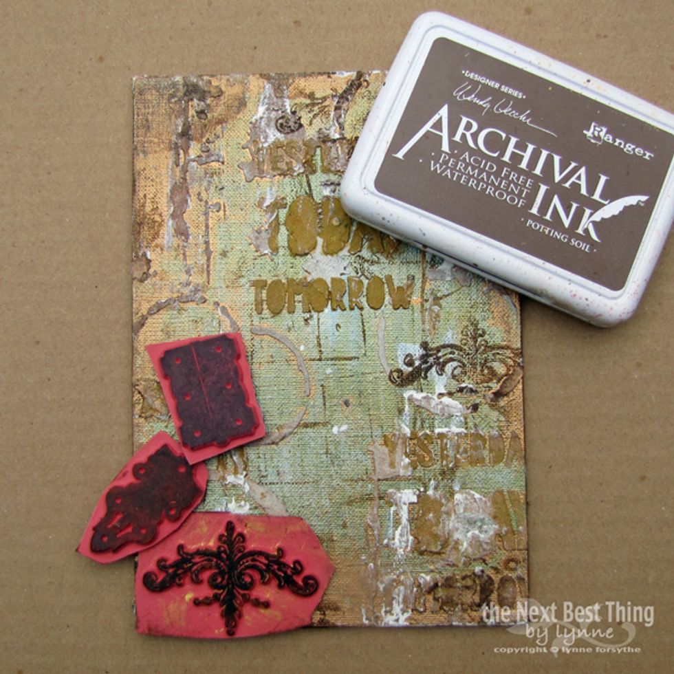 I again randomly stamped my surface with Viva Las Vegastamps Pound O Rubber stamps and Archival Ink, embracing the imperfect stamping due to the texture.