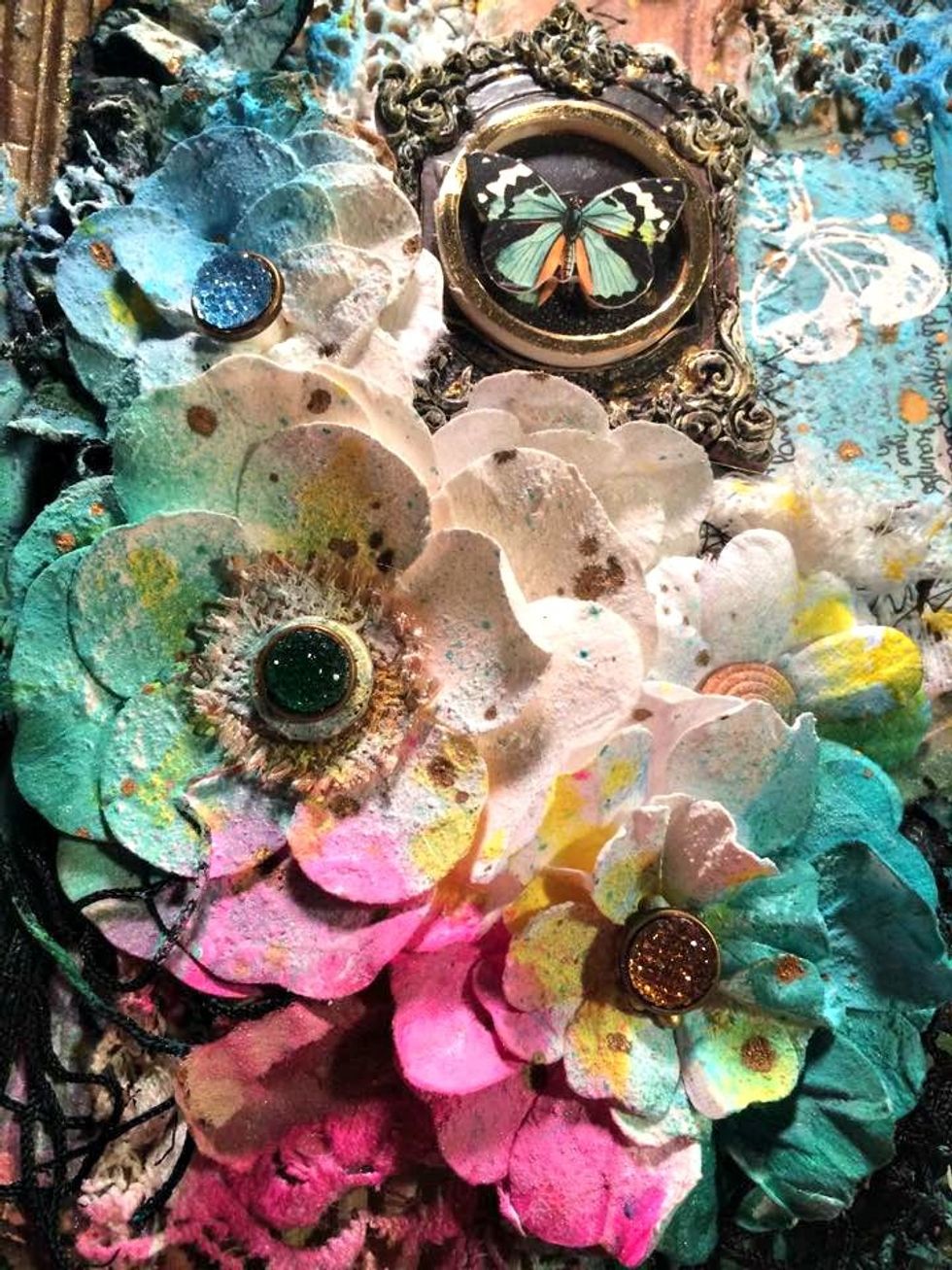 I also added jeweled centers to the flowers. Look at all the layers of texture and color. I wish you could feel it as well as see it in person. The gold shimmers and the colors are so beautiful