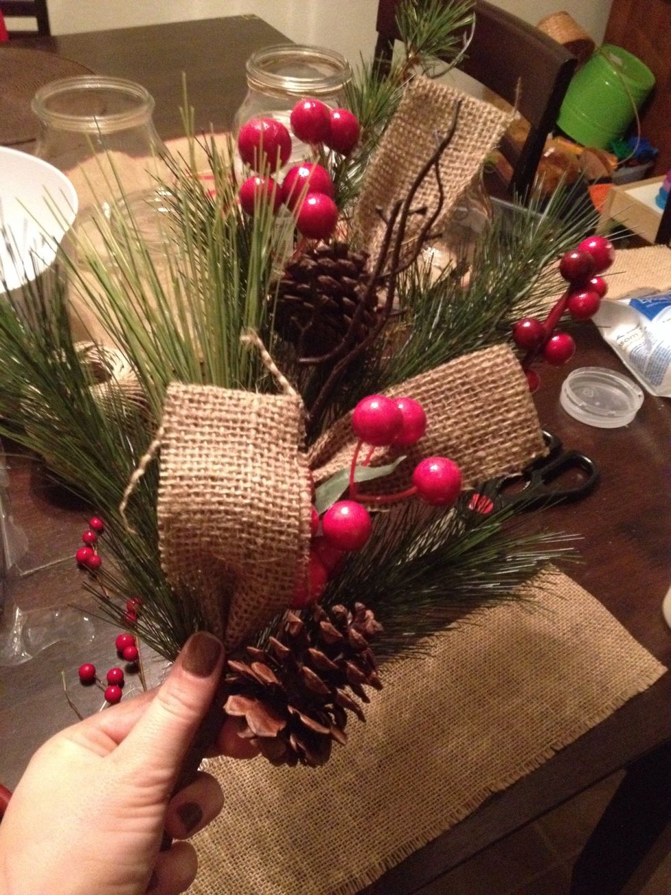 I also got this greenery at Michael's. I cut only the Fir part from this piece about 2 inched from the tops, and used the rest in a floral arrangement since it looked like I hasn't even touched it.