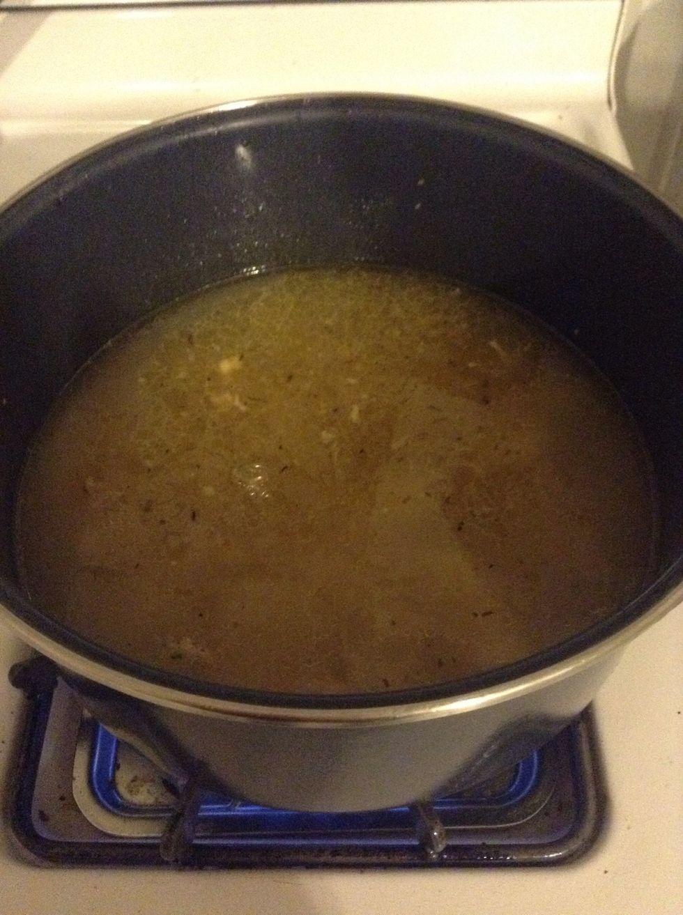 I also had a couple pieces of chicken left over from the meal so I removed the meat from the bone and tossed those into the broth too. You can freeze or refrigerate this for later.