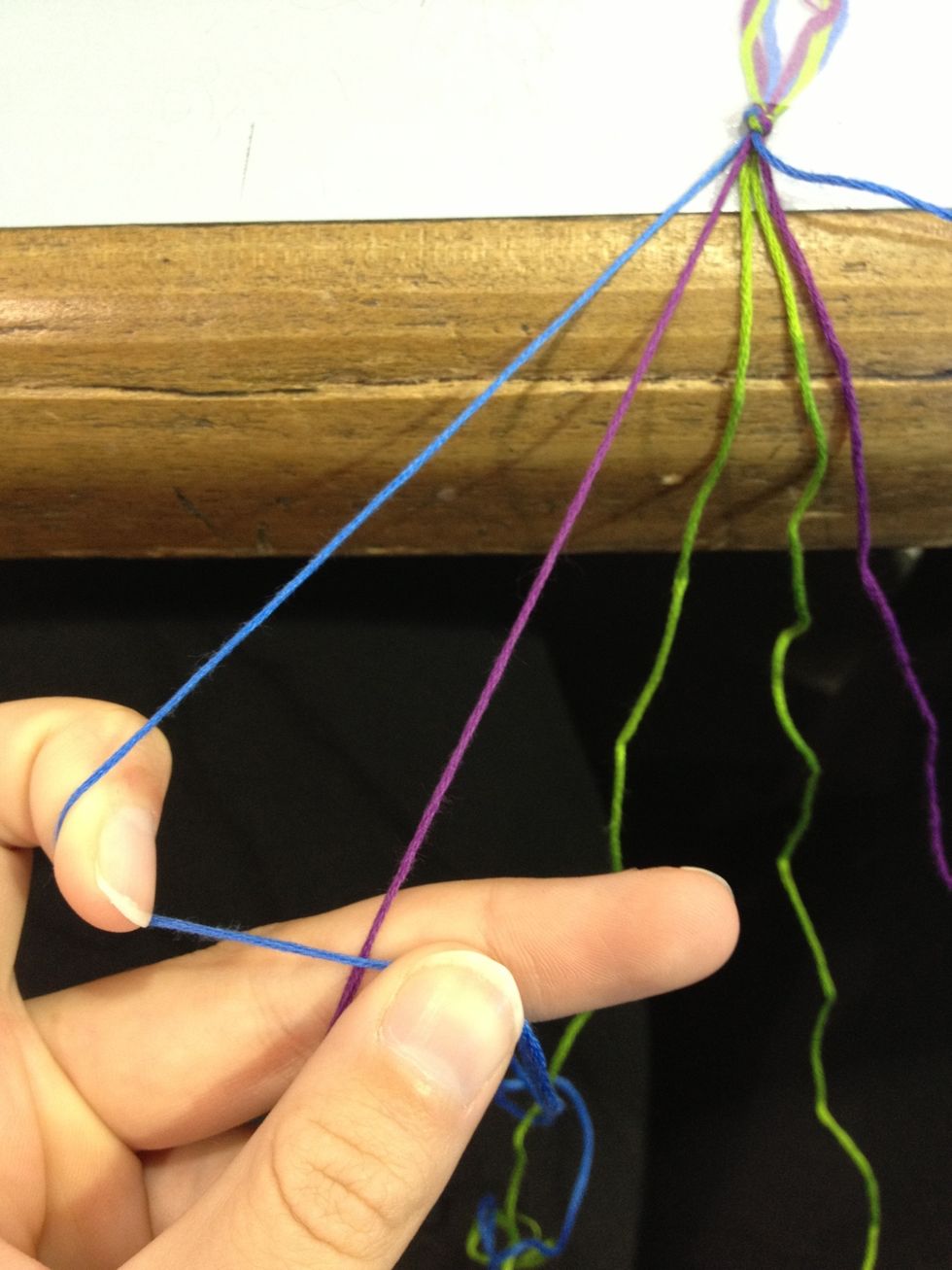 I always start on the left hand side but you can start on the right. If you start on the left: make a 4 by taking the outside string and place it over the string next to it.