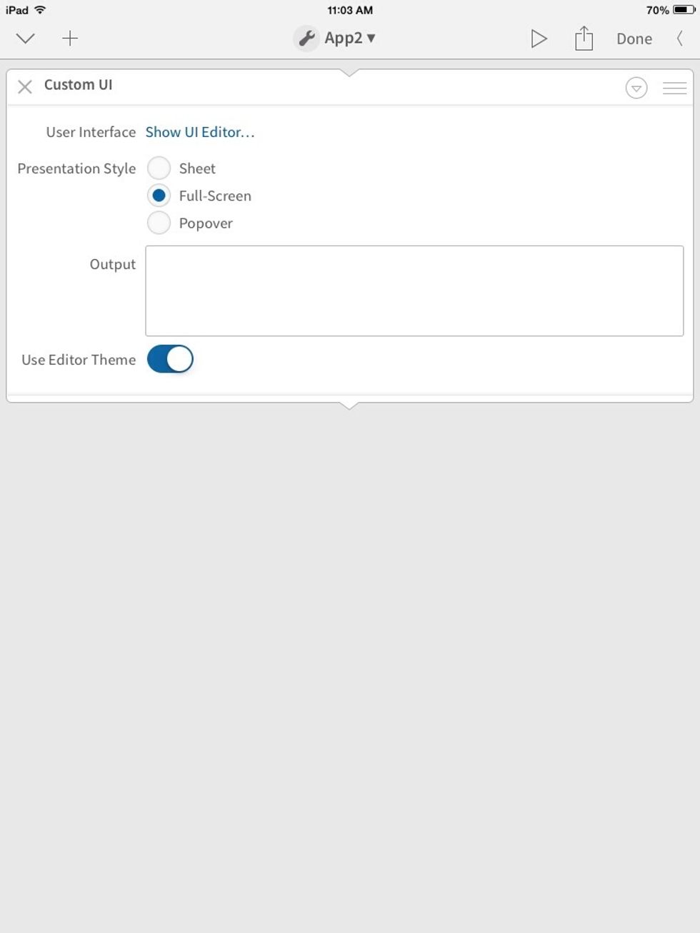 I am making this for an iPhone 5, to display full-screen, so change the presentation style to Full-Screen and then tap "Show UI Editor."
