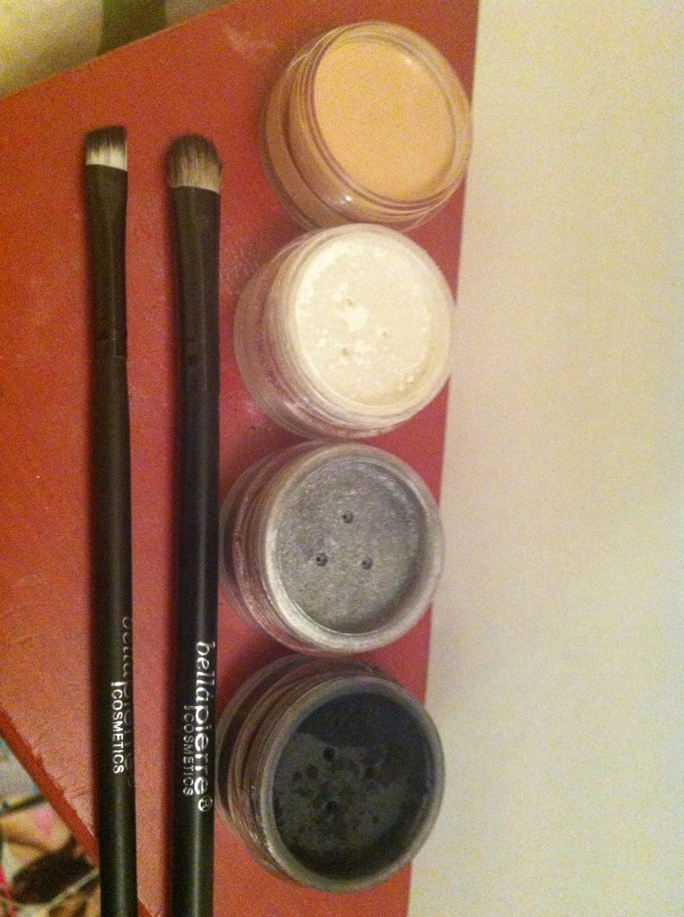 I am using a smokey eye set from Bell\u00e1 Pierre Cosmetics but lots of places sell them so it doesn't matter. Going from top to bottom: makeup base, snow flake (white), tin man (silver) and noir (black).