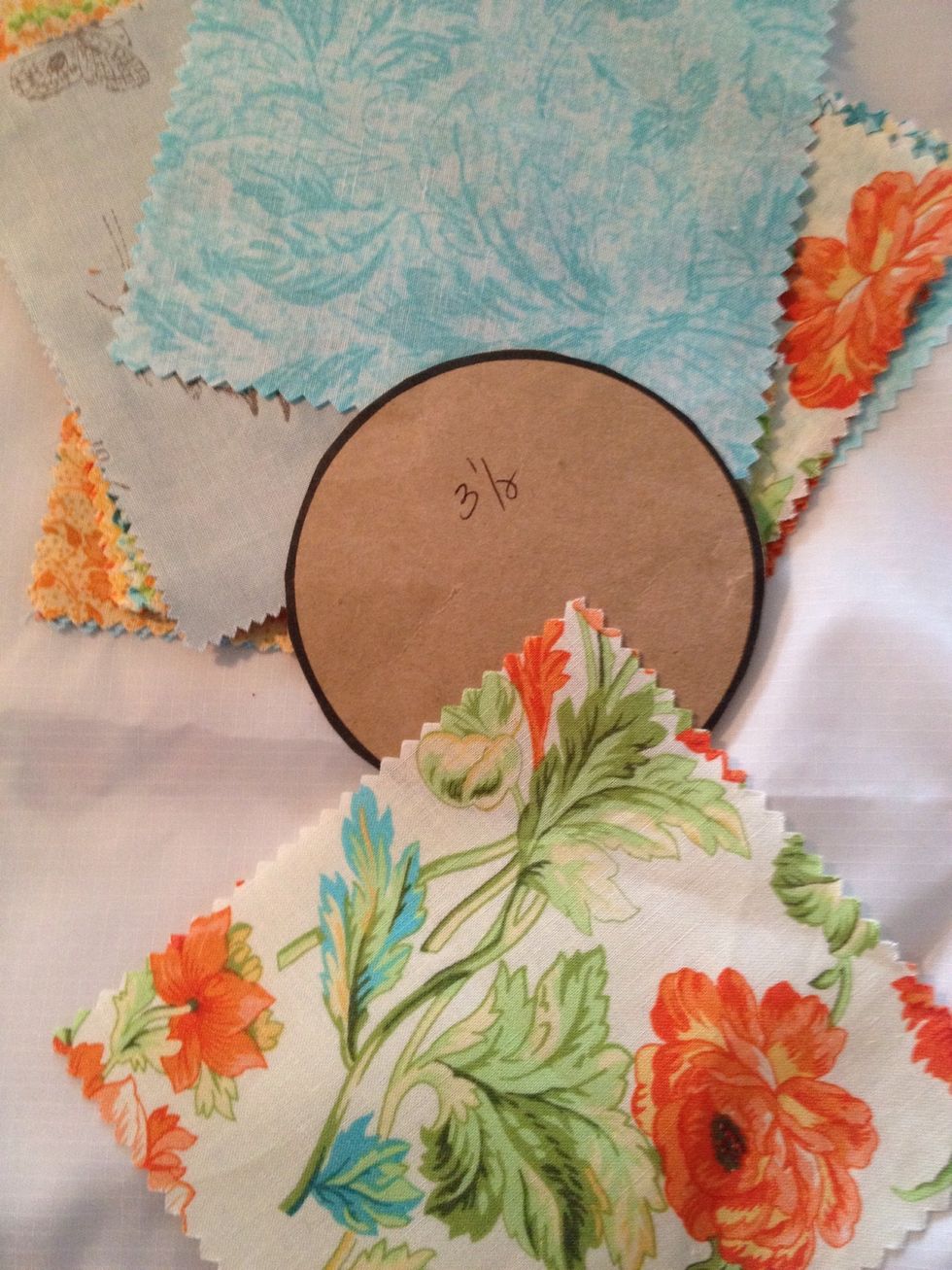 I am using my scrap square fabric. In my past tutorial, I used 3 1/2 inch round (circle template) printed on a card stock. Search on the internet for template, download, print, and save.