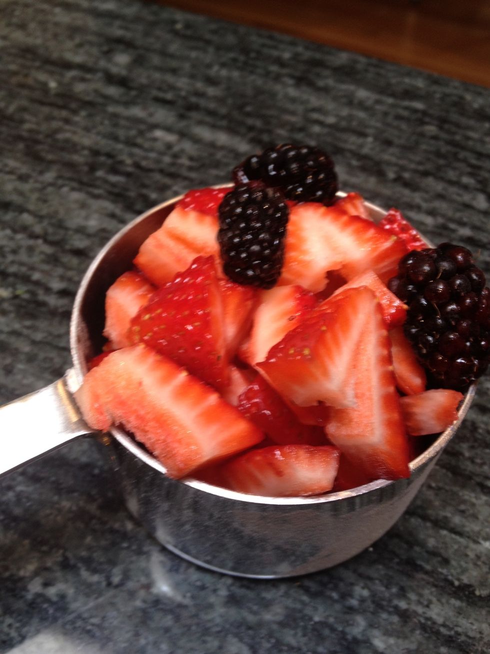 I am using olallieberries and strawberries in this batch, but pretty much any berry, or berry combo, will work. Rinse and pat dry your berries. Chop them up into small pieces.