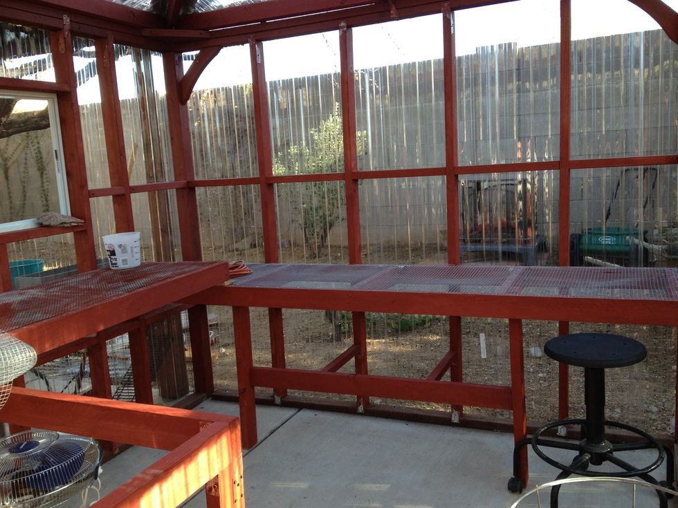 I attached the strips, the sheeting and flashed the roof on the exterior, and built the benches at two different heights.