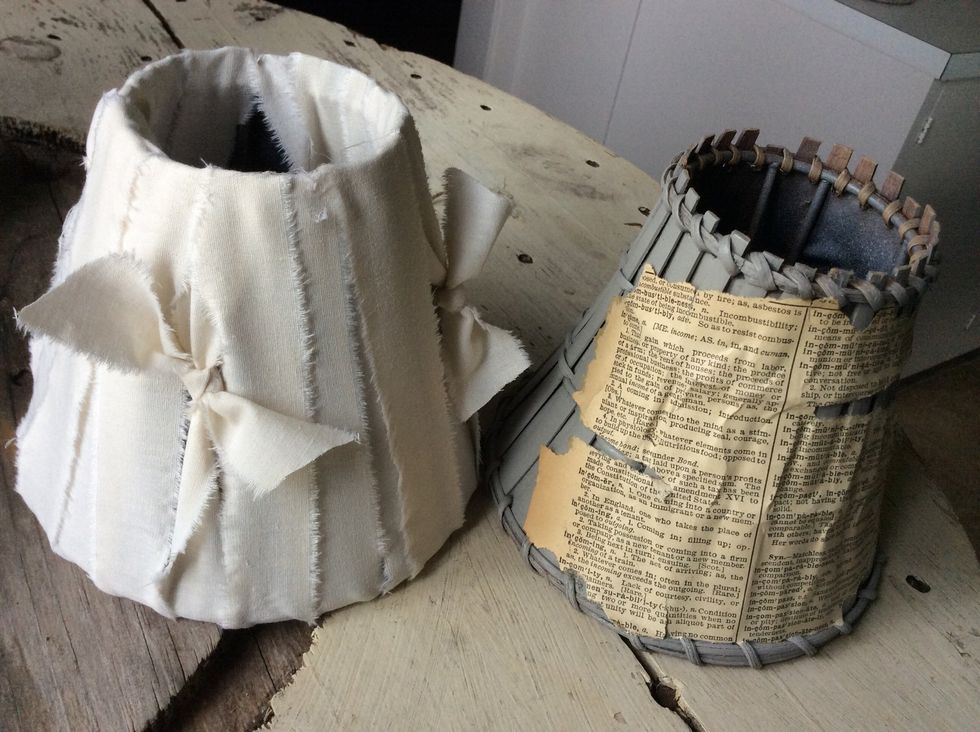 I attempted a couple upcycling techniques. I like the muslin, but the look doesn't match the space. Started to decoupage, but didn't get that far, as I knew I wasn't going to like it.