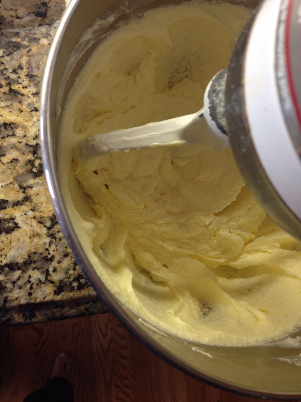 I beat this for a few minutes, adding as much fluff to the batter as I can. When you cook w Dutch Cocoa (which will be next) it can toughen and dry out your recipe. So beat well for a few minutes