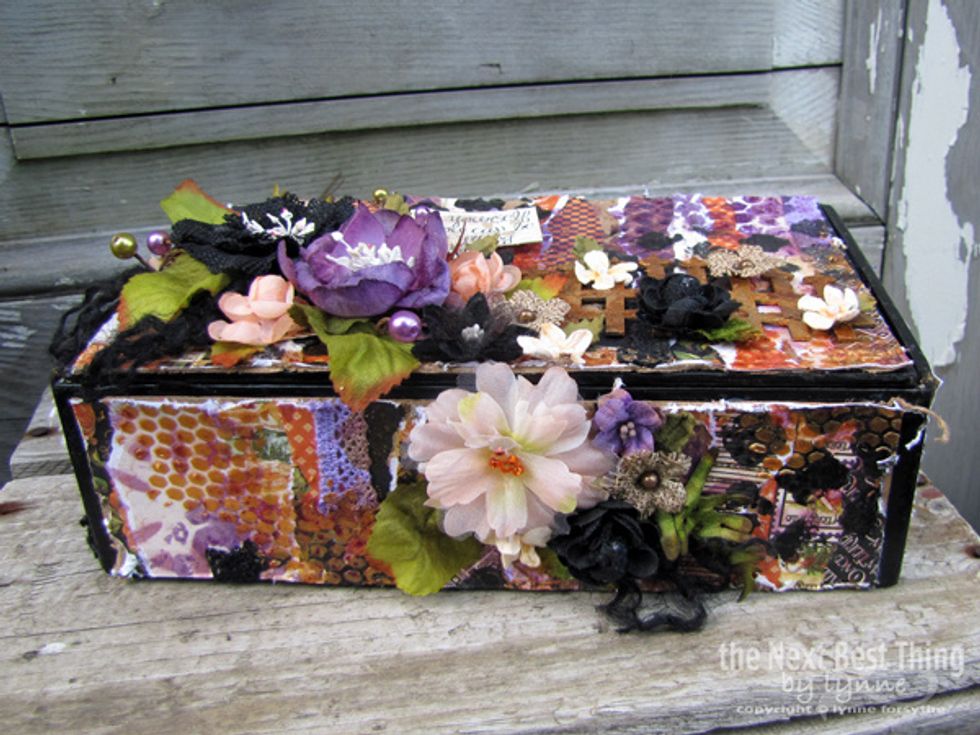I began by painting the edges of my cigar box with High Impact Paint. I then measured and cut pieces from my "made paper" to fit my box. HINT: CUT ON THE BACK SIDE OF THE PAPER.