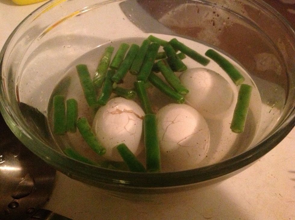 I boiled the eggs in T and smashed the shells but they didn't take the colour/flavour. Oh darn. They're also hanging out with the beans in cold water after steaming. Hot tub party!