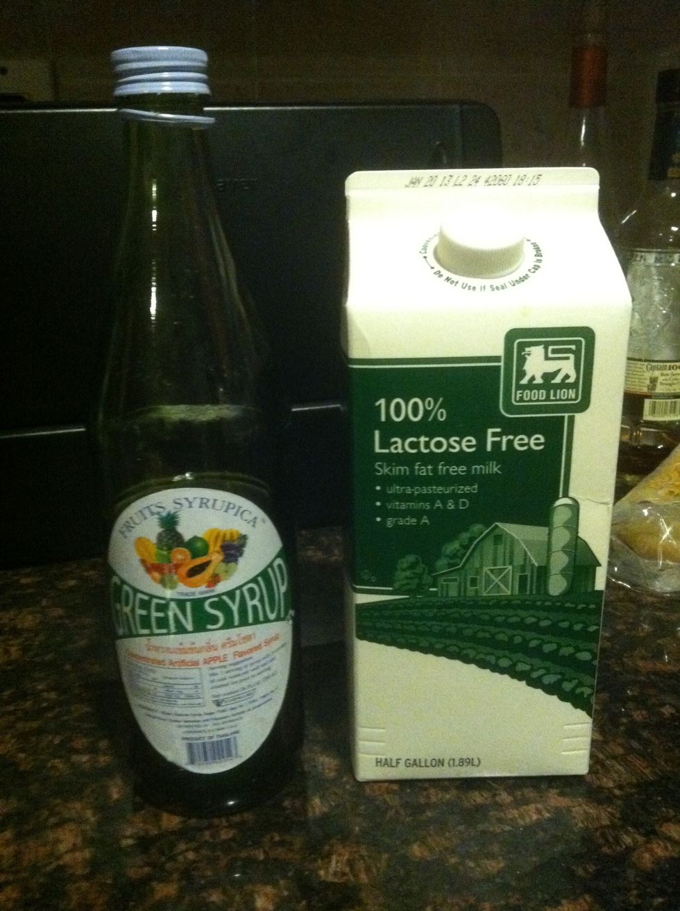I bought green apple syrup from the local Asian market and I'm lactose intolerant but you can use any dairy, cream, milk, it just makes it creamy instead of watery.