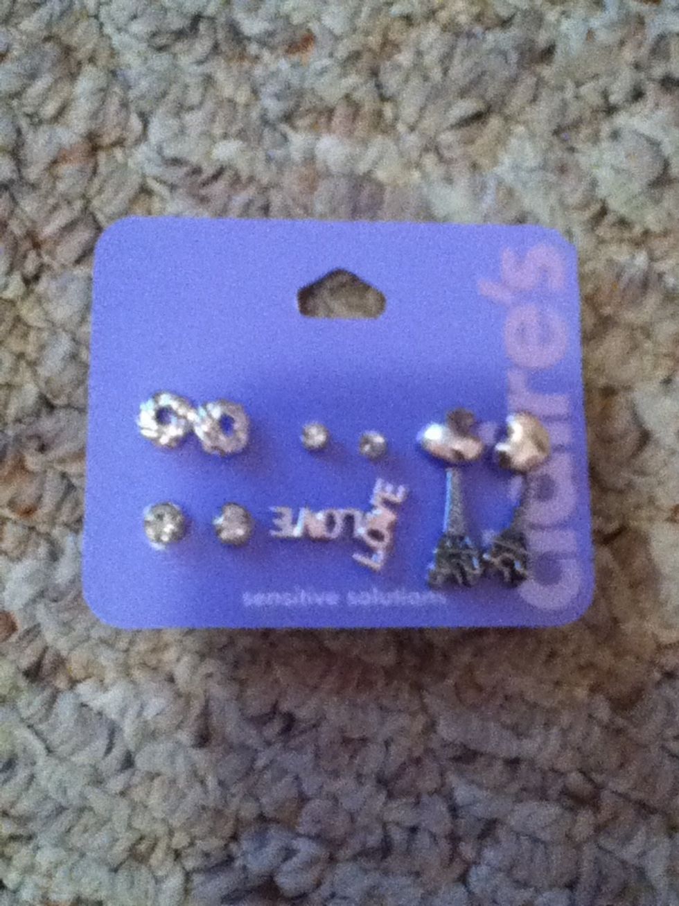 I bought these earrings from Claire's. there are pairs with hearts, diamonds, the Eiffel Tower, and more.\ud83d\ude03\ud83d\ude03\ud83d\ude03