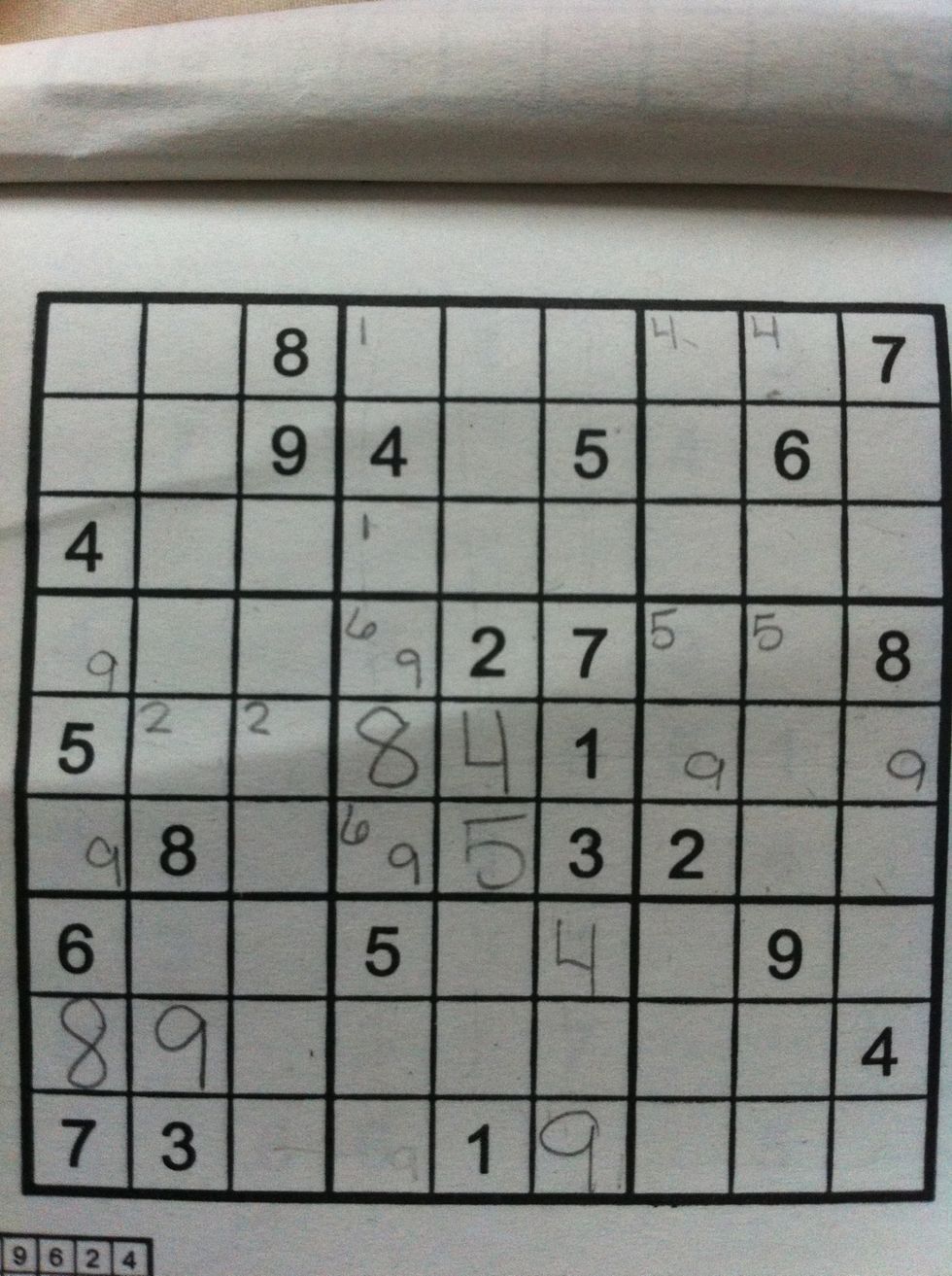 I can also reason that 9 would go in the two center slots in the right center square. I know this because the horizontal line needs a 9, and it can't go in the other squares.