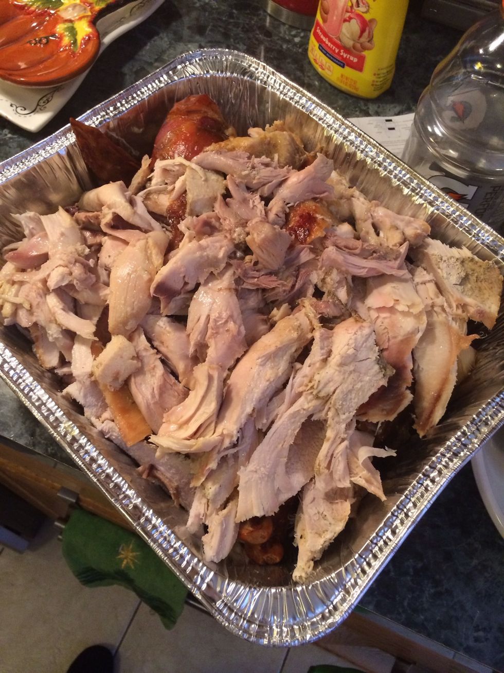 I carved my turkey. Do you remember that broth I asked you not to discard.? Well I want you to add it over the turkey. Omg it will be out of this world delicious. It will keep the turkey juicy. Enjoy