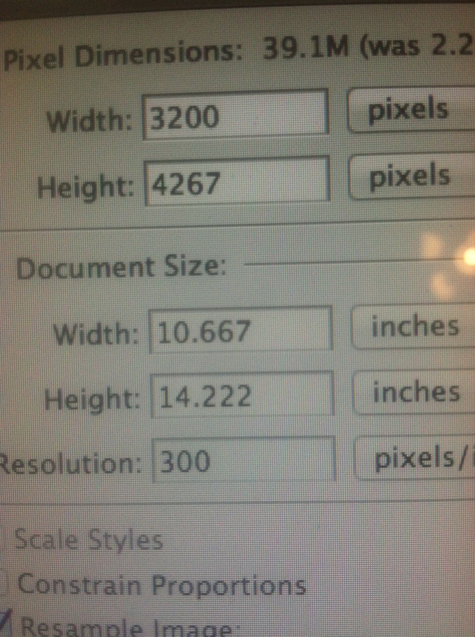 I change the resolution to 300 for a crisper image. Now I can go as big as 16 x 20 and the image will still look good. 150 to 250 is also suitable too but I prefer 300.