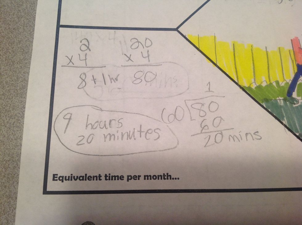 I changed the 80 minutes to hours and added it to the 8 hours I already had. 80 / 60 = 1 hour 20 mins. 8 + 1 = 9 hours 20 minutes.