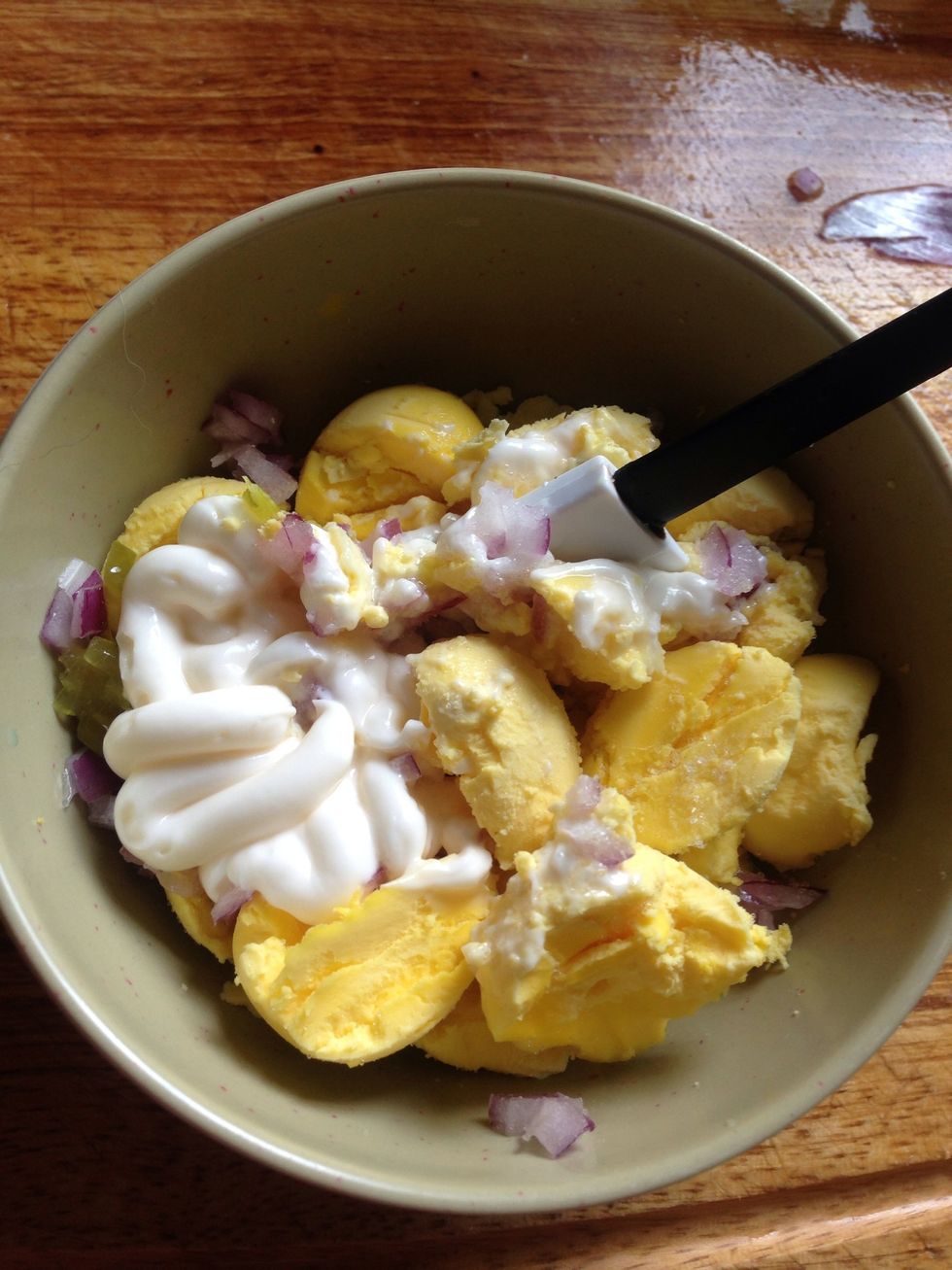 I chopped my red onions so small so it can go thru my Wilton tip. Mix your egg yolks and all ingredients together including your salt until its smooth.