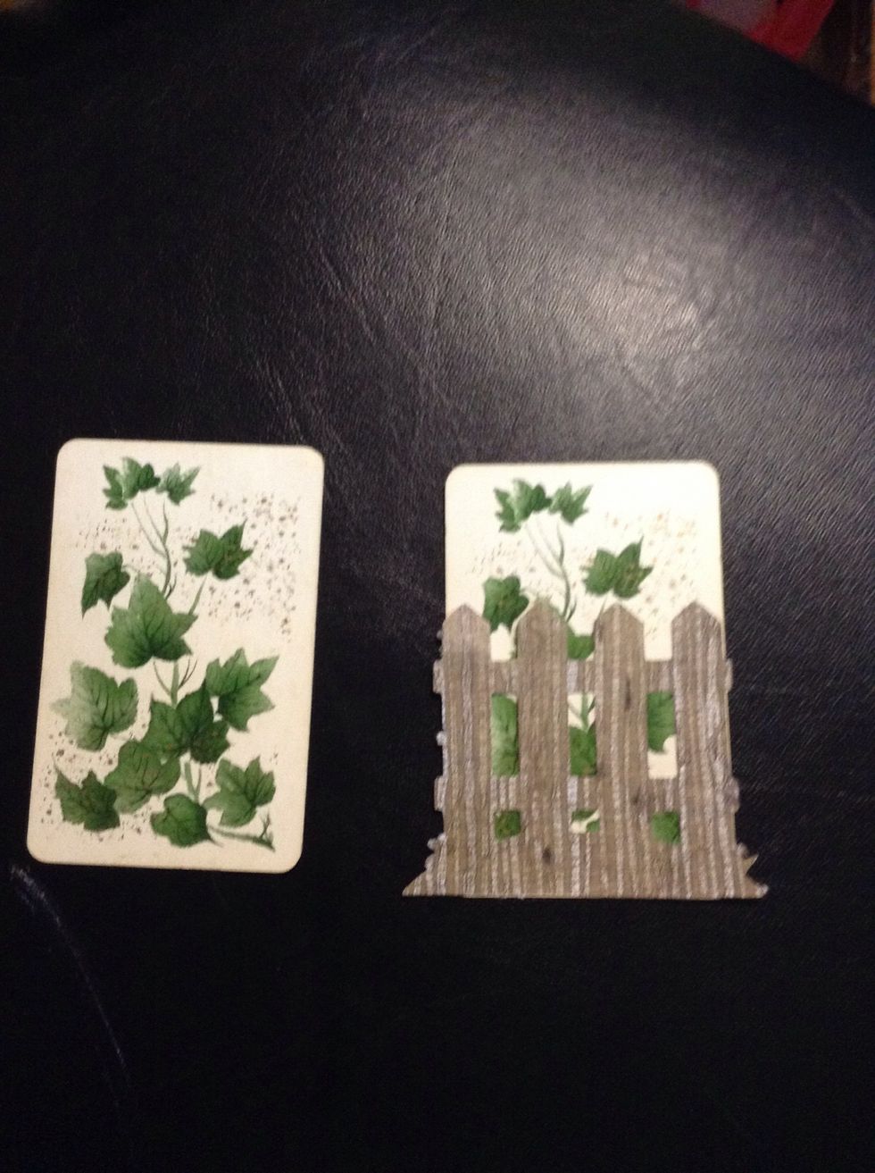 I chose an antique playing card set with leaves on them. I attached a die cut fence. Which I die cut out of decorative scrapbook paper.