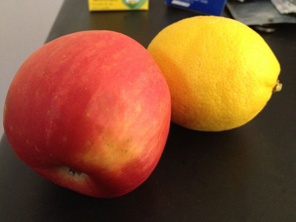 I chose apple and lemon. Chop them up into fine little piece. The amount is up to how much vodka your using. Estimate ;).
