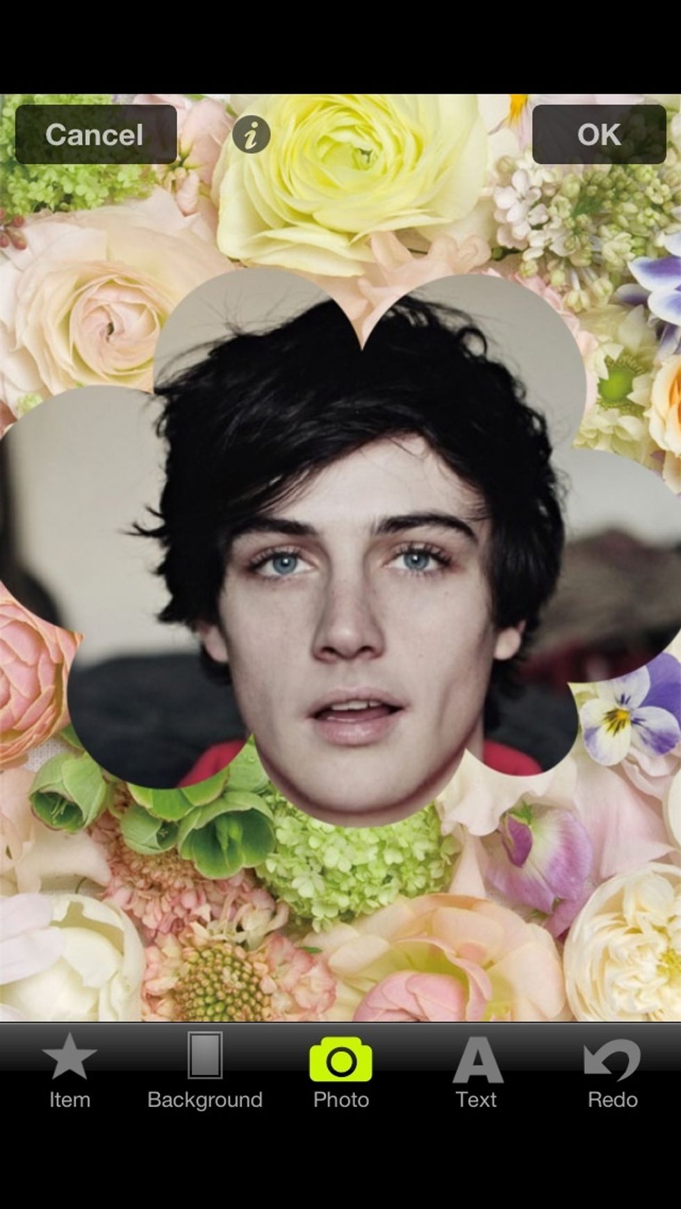 I chose flowers, then put his face into a cloud. these shaped can be found in the same pace the cut out stencil was found