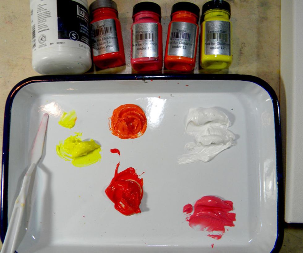 I chose sunset colors for the background and will use super heavy gesso with Sorbet and Velvet mediums to create the texture.