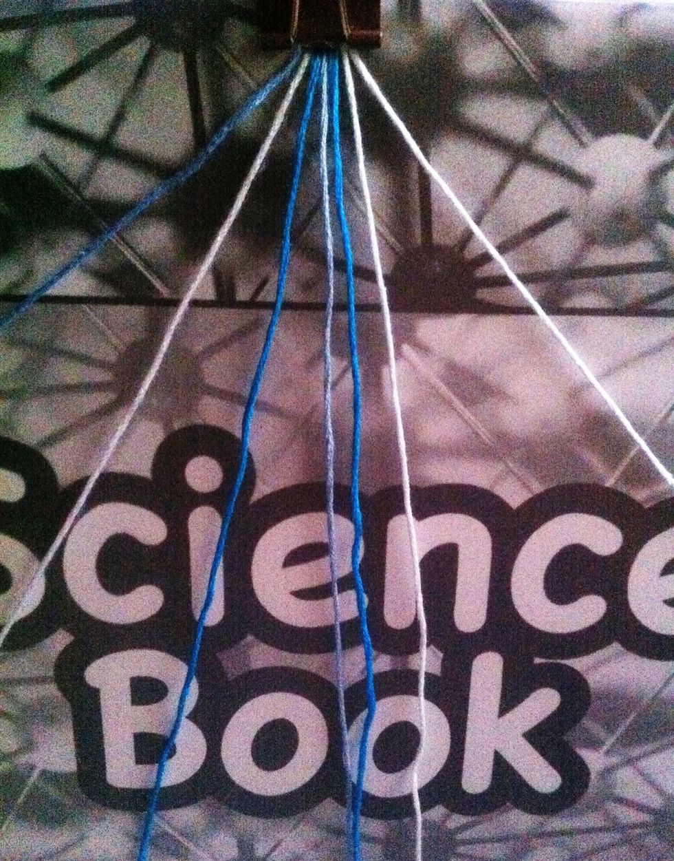 I clipped my strings onto a science book, but you can use a clipboard, or safety pin onto your jeans or pillow, etc. Arrange your strings in order.