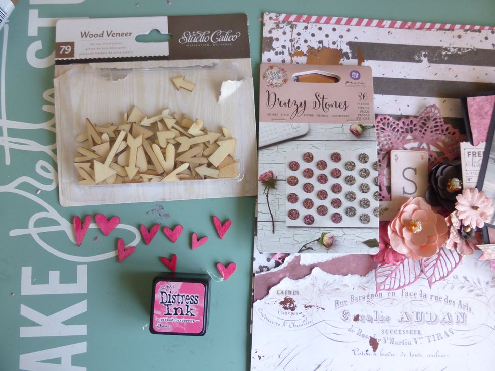 I coloured the Studio Calico wood heart pieces with Distress ink in Pickled Raspberry and added them along with the Rossibelle Druzy Stones.