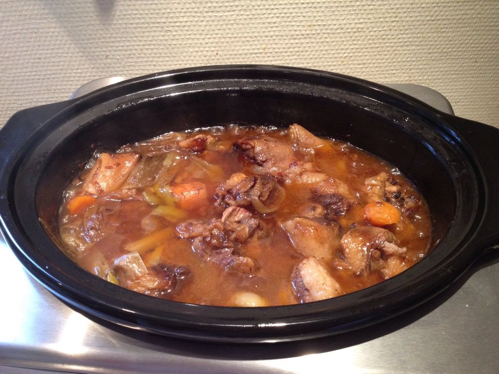 I cooked it over night for 10 hours. The meat is now so tender it falls off the bones. Separate the meat and veggies from the gravy