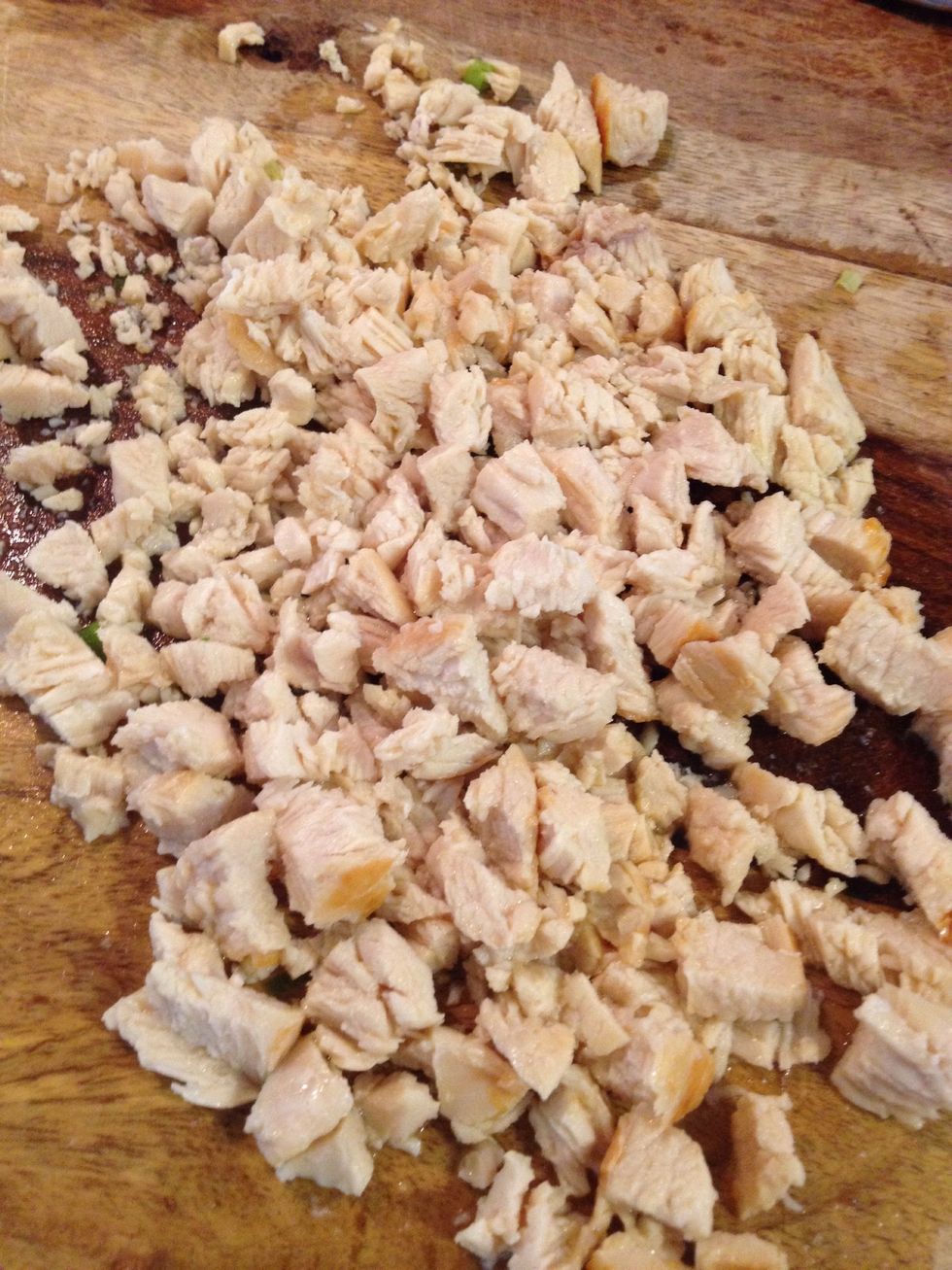 I cooked three chicken breasts and chopped them but you can also use ground chicken.