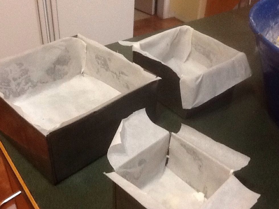 I Cover with parchment paper the 3sizes  pans  grease thoroughly  or can used brown paper   of tier pans one 9 inches ,one,7inches,one 5 inches , preheat oven to 300%'place ,pan of water in oven