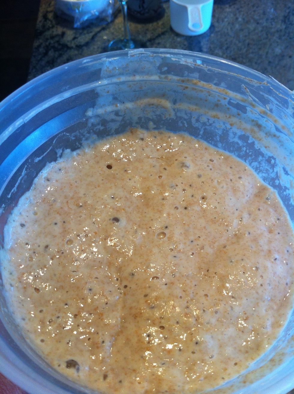 I created leaven the night before adding 200 g of water and flour into the existing starter. It is ready to use now and I'll add 200 g of it into the dough.