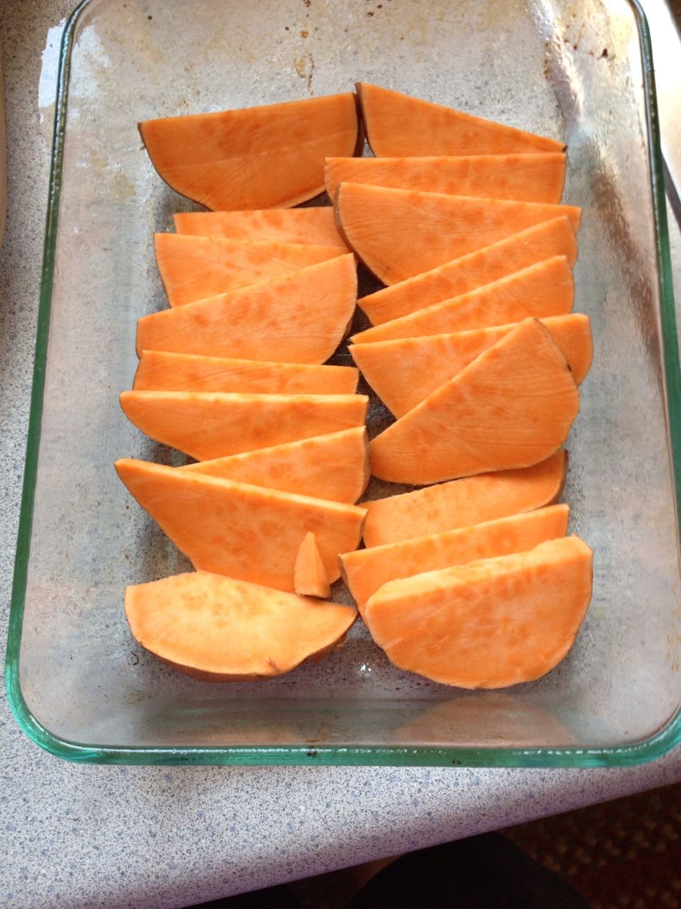 I cut mine into slices than cut them in half to make easy to eat bites. Don't cut thin or it will just crisp up too much. Think thickness of a fry. Place in greased baking dish