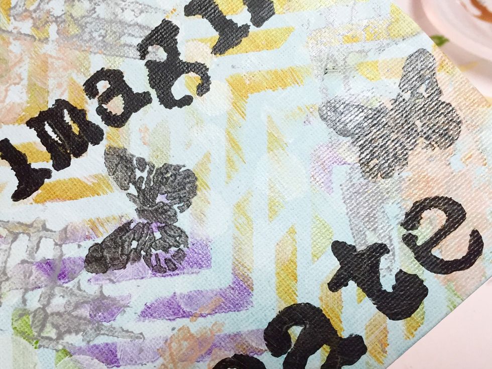 i decided the space between "imagine" & "create" was too big, so i added some butterflies in between them with one more towards top left of canvas. first layer was done with Cavier mixed with Jasmine.