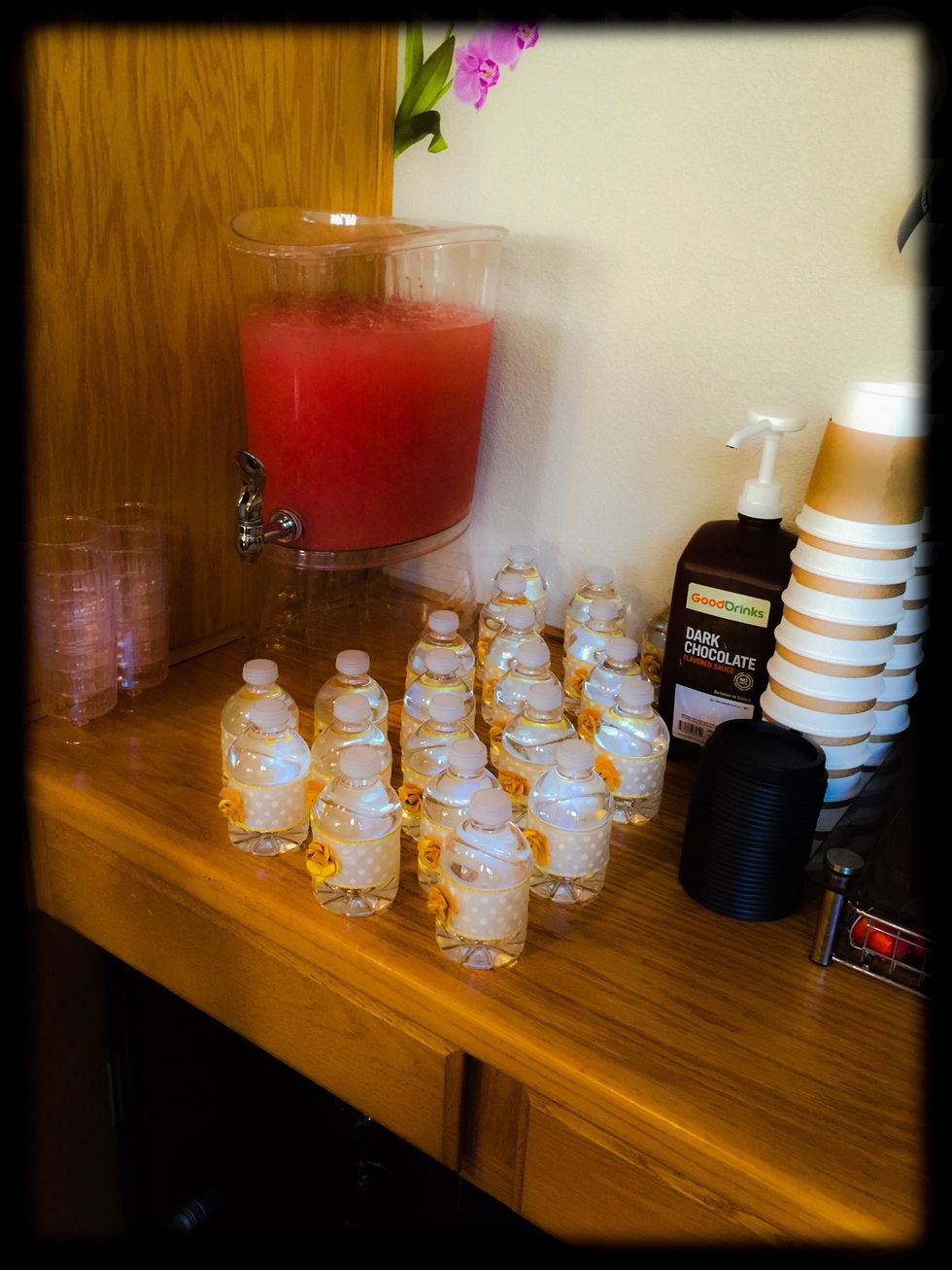 I decided to make separate beverage station. This way if there will be spills nothing will be ruined. Hot chocolate, pink lemonade and water of course.
