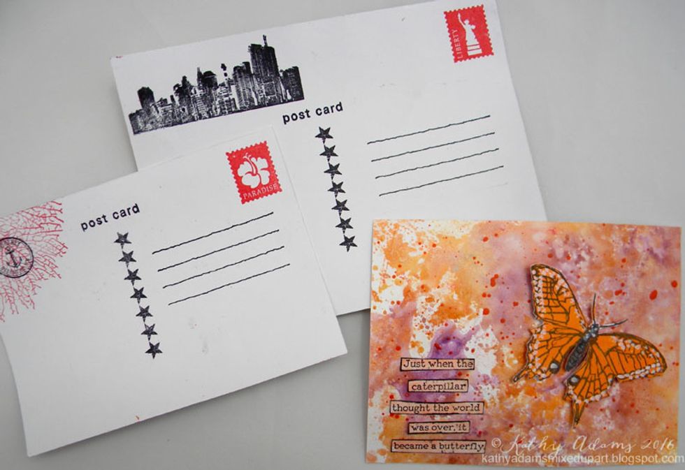 I decided to make them into art postcards (if there isn't such a thing, I am making it up right now!) mounting them on white card stock and stamping them on the back.