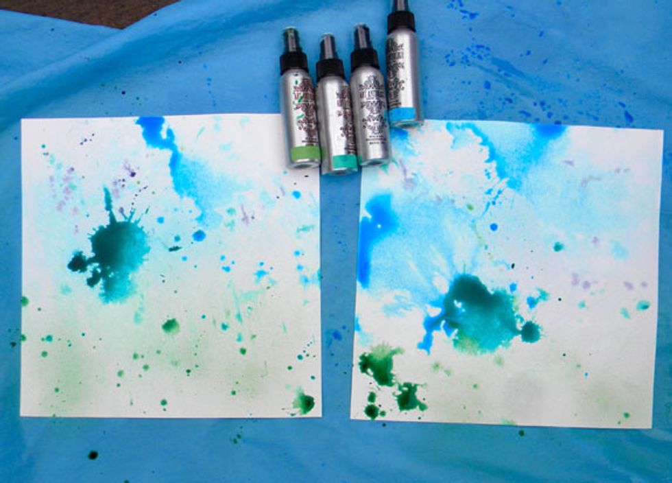 I decided to try it again with cool colors and monitor it more so I could get more patterns. I applied Waimea Bay, Studio Blue, Lark, and Grass on two more watercolor papers and set them outside.