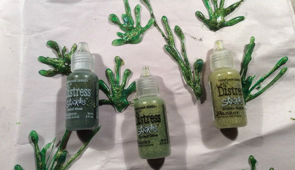 I decided to use Distress Stickles in different shades of green to give texture but not all the bling that regular Stickles gives. Provides a nice chunky texture....