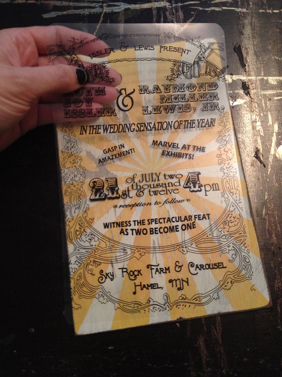 I designed the wording in Word using freeware fonts, images and WordArt. The completed image was reversed and printed on ink jet transparencies; trim the corners using the round corner punch.