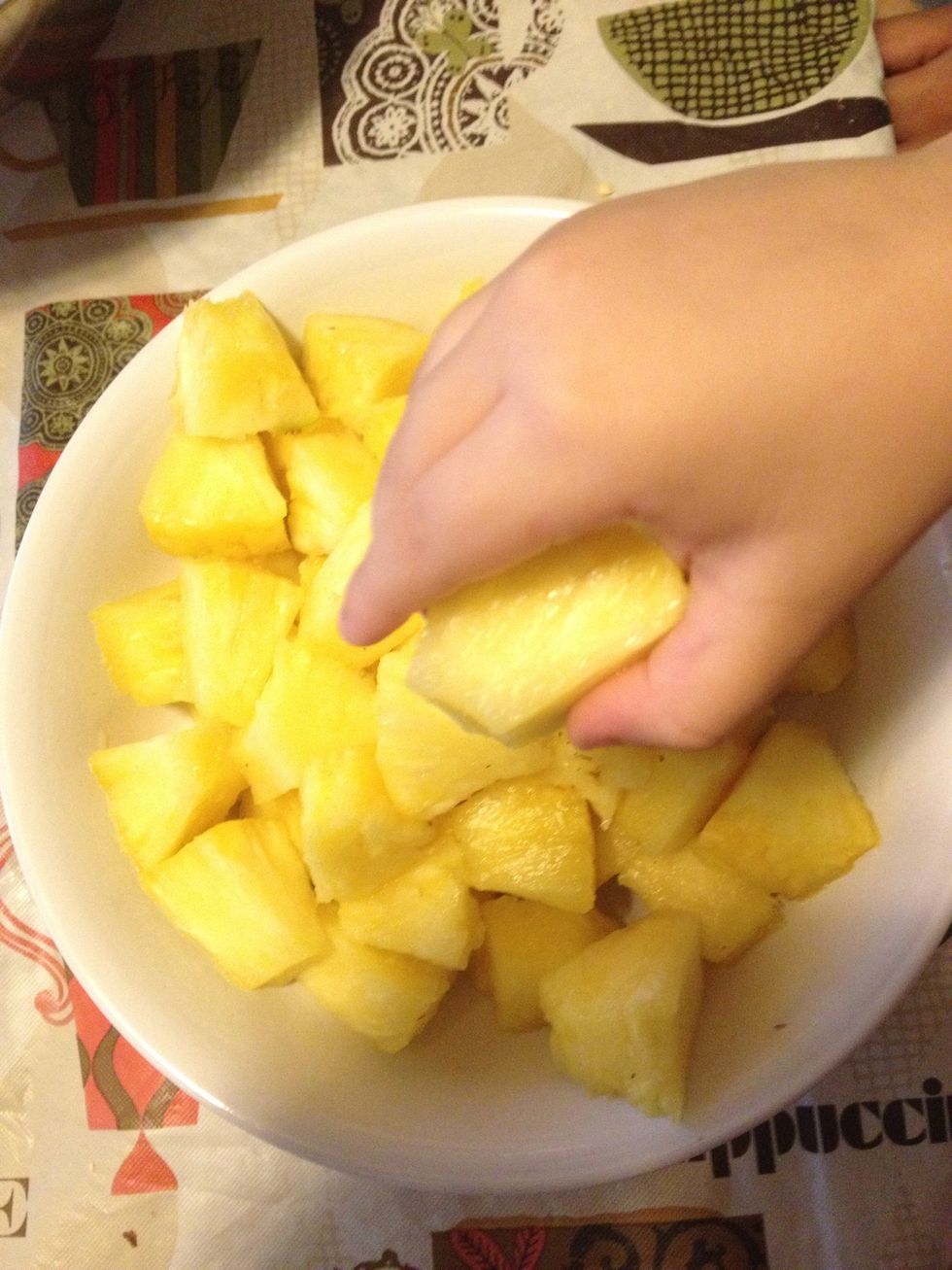 I diced a fresh pineapple into chunks but you can buy the can of pineapple chunks at the store as well. Do NOT throw the juice away!! It gives the veggies flavor when they are all mixed together!