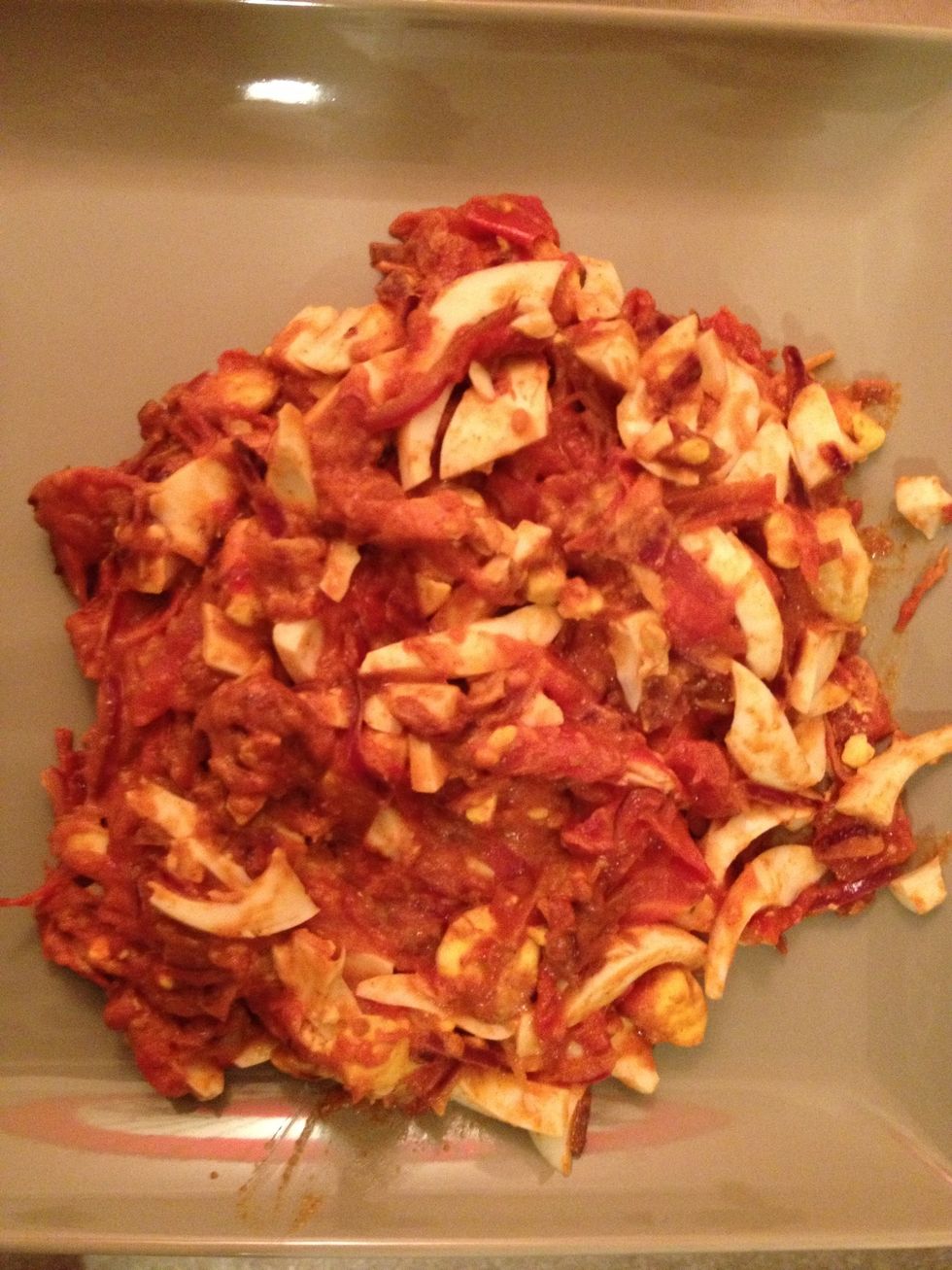 I diced and cut the boiled eggs and mixed with the tomato gravy I cooked on stove! This is perfect for rice and naans or as a dip with wine !!