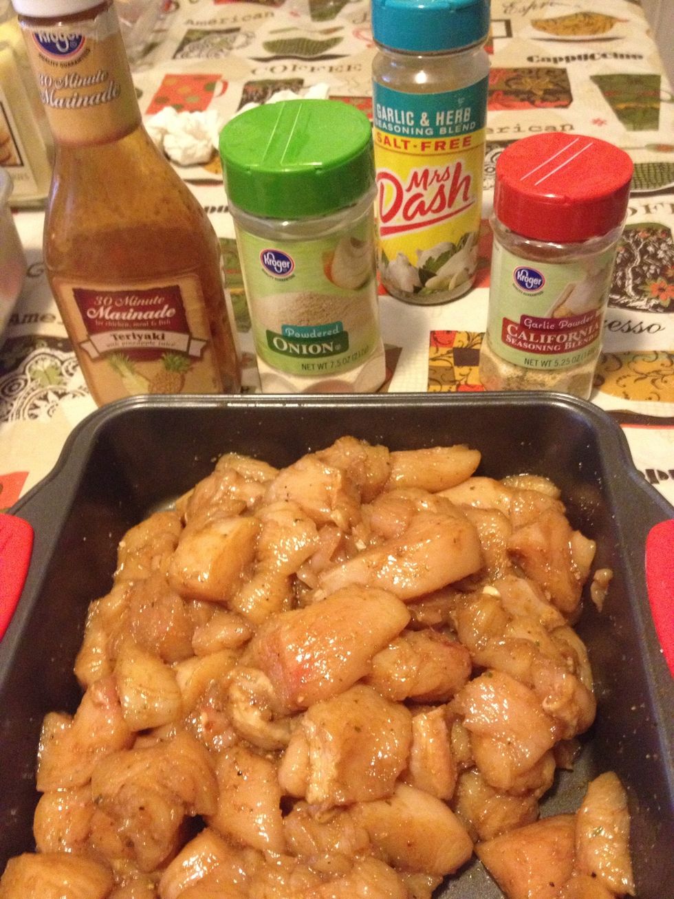 I diced the chicken breast into cube sized pieces. If they are too small they'll burn on the grill! Pour marinade onto the chicken along with onion, garlic, & Mrs. Dash. Mix together well & let sit.