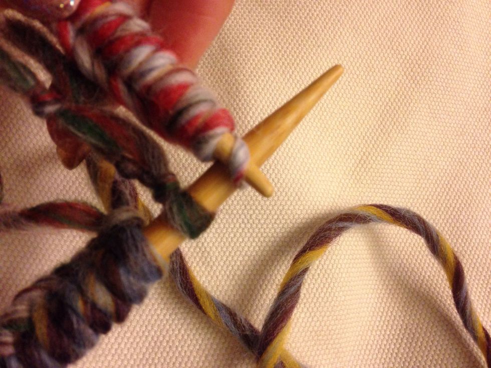 I did a seed stitch for this infinity scarf, but you can do any pattern you want. For a seed stitch you will knit one, purl one and continue this pattern.