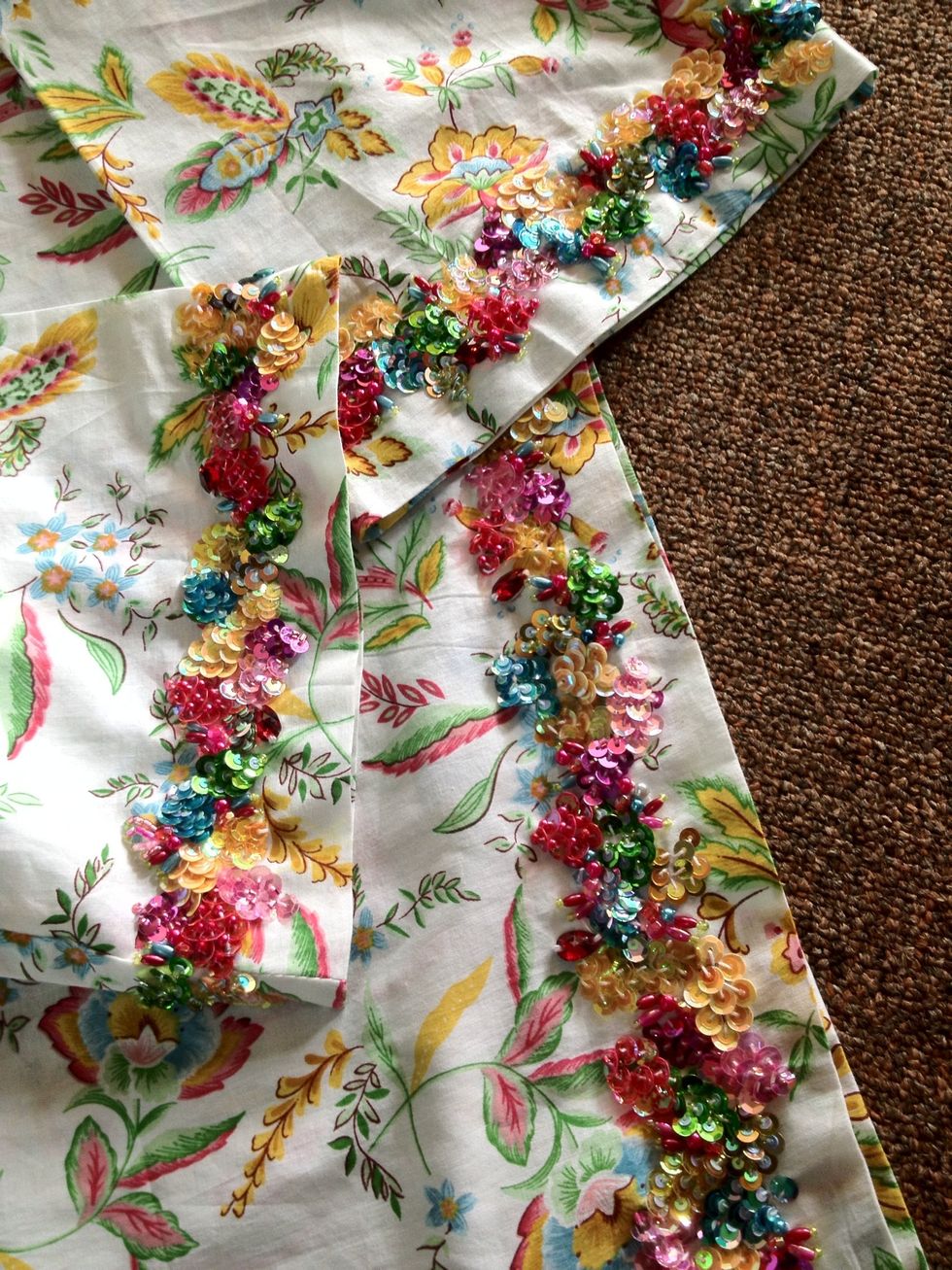 I did it around wrist area and also at the edge of the dress to make it like a beautiful, colorful, shiny border. Try it! :')