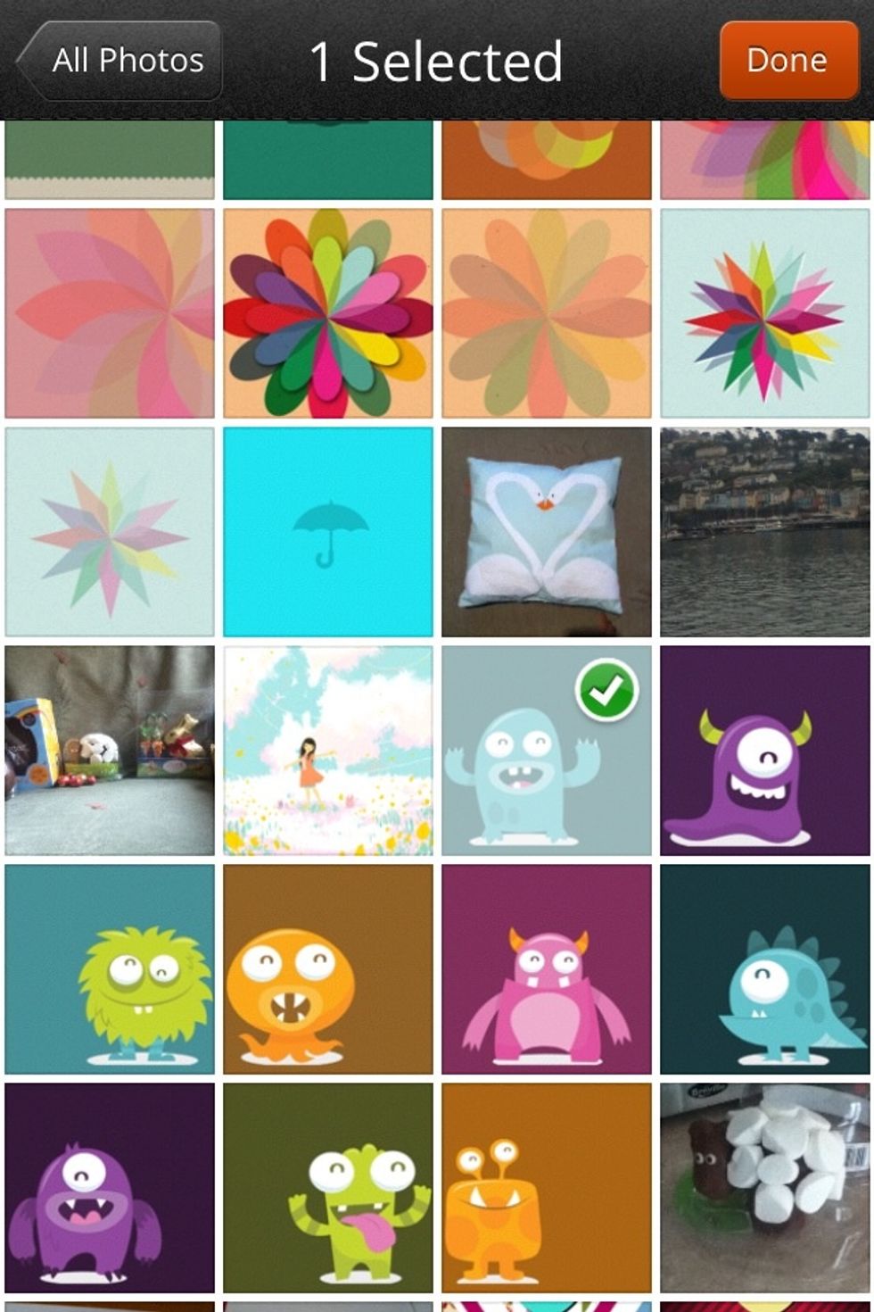 (I didn't have a screenshot, so i just used a picture!) when you click on the picture you want, a small green tick will appear. If you want more than one, click on them order, it makes things easier!!