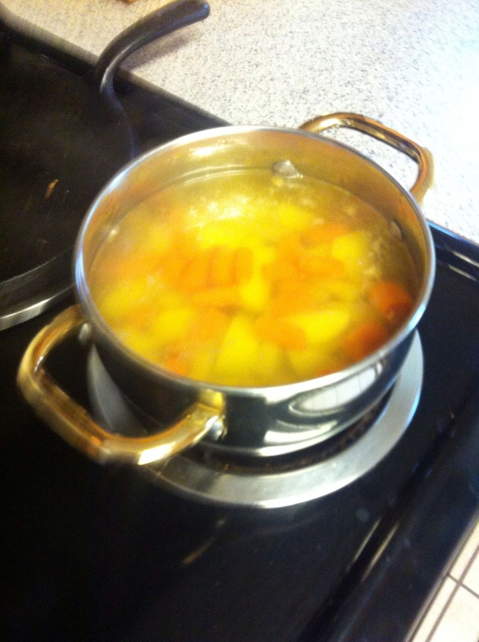 I didn't use a very big pot since I was the only one who was going to eat it. I filled this small pot about half way with water and put it on med high (about 7) on the stove top.