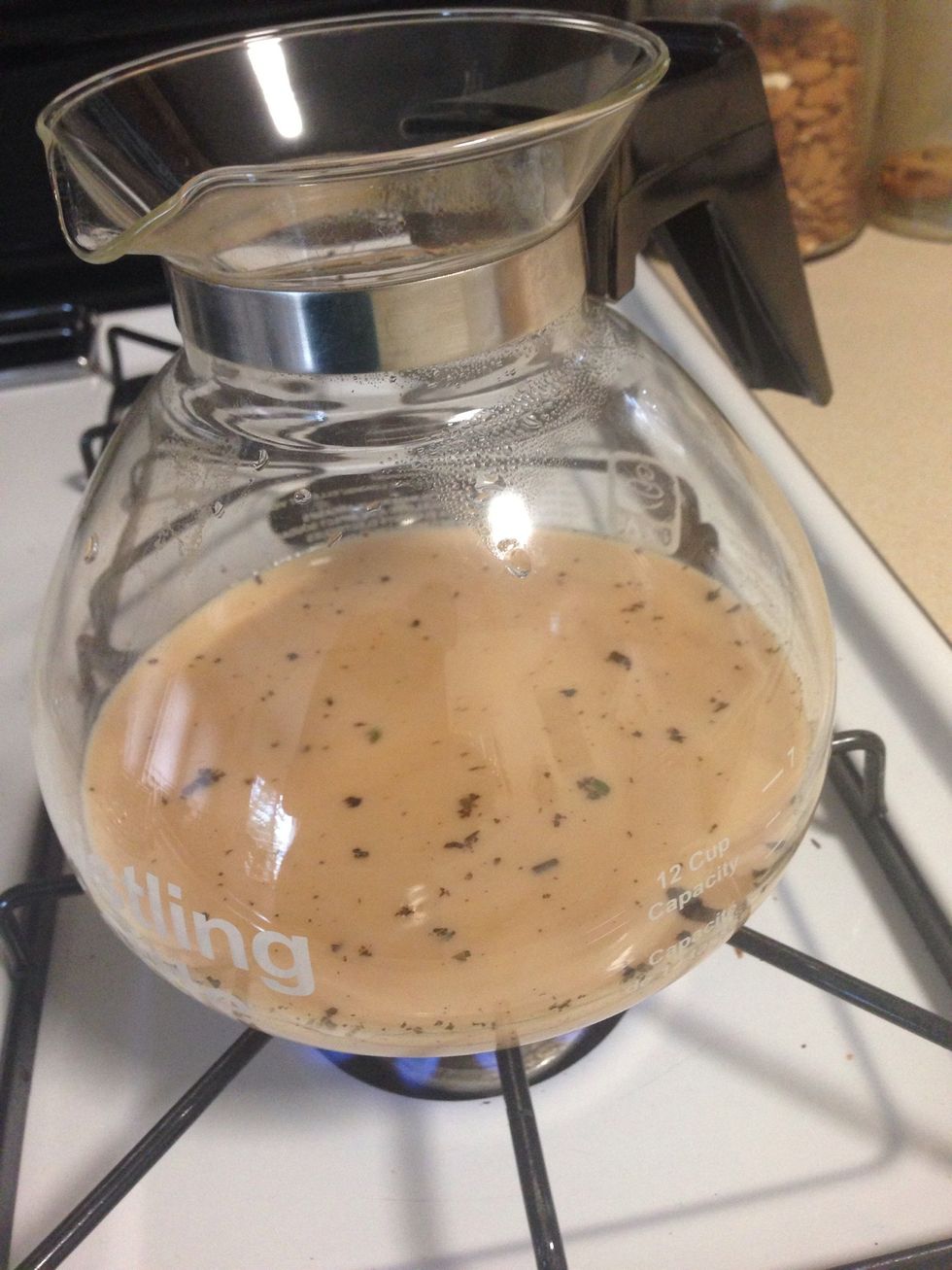 I don't have any measurement for milk. Just pour a little milk to the boiling water until you achieve a light brown color like shown in the picture. Then let it boil for about 2 mins