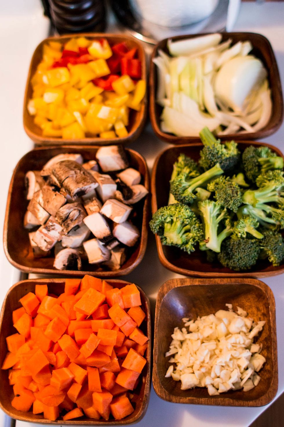 I don't need to show you how to chop each vegetable so here is a picture of them all chopped. Dice the peppers, carrots and mushrooms. Cut the broccoli into florets