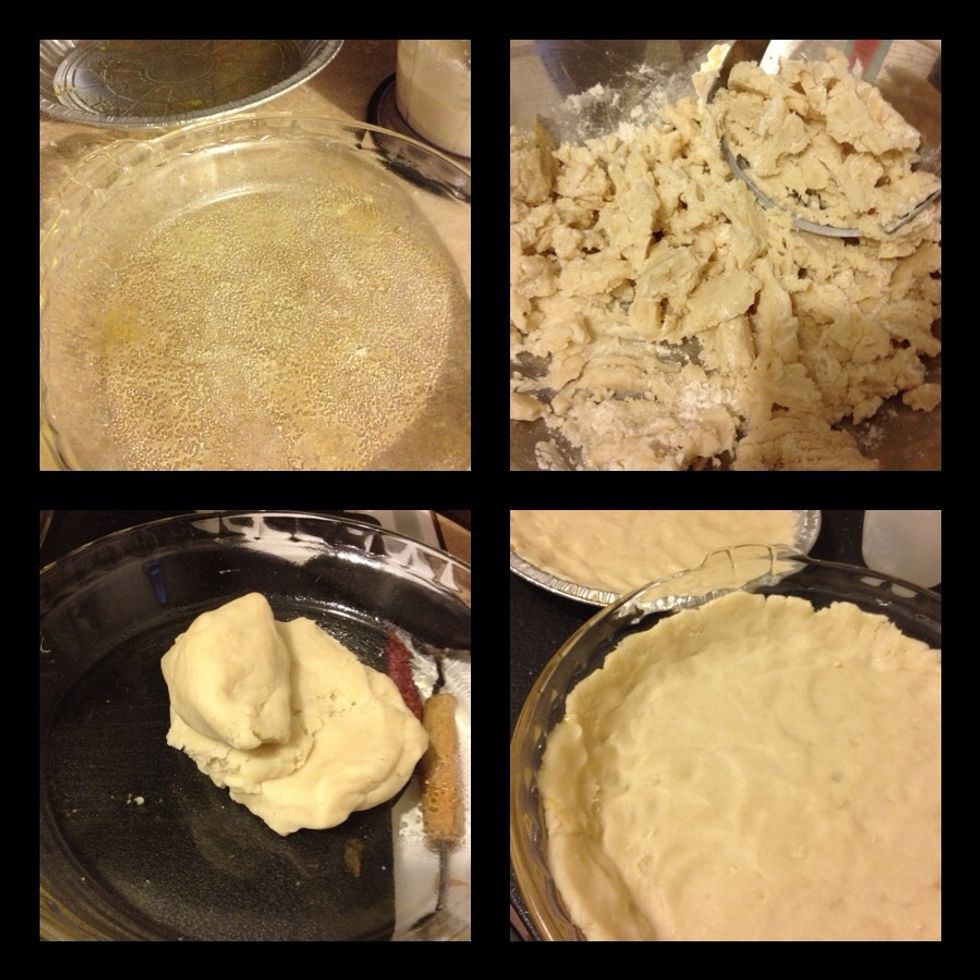 I dumped the crust into a bowl to work with it. Made a ball of dough and separated it for 2 pans. 1 for me and 1 to give away. The crust is not flaky like pie but more shortbread like.
