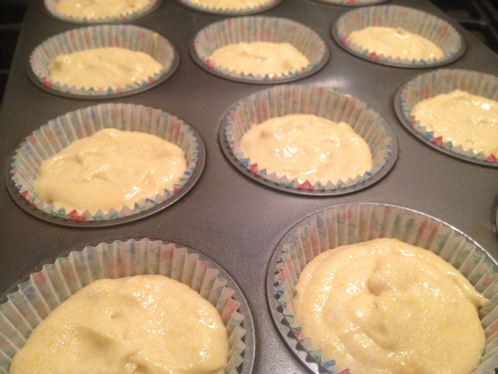 I filled these about halfway to leave room in case they rose high but they did not. Feel free to fill your muffin cups just a little more than halfway. Bake for up to 20min (mine were done at 16min)