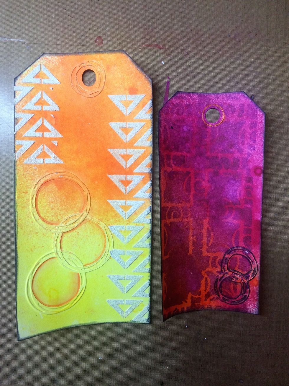 I finished my tags with the bone stone effects and hazards stencil on the left tag and the Moroccan stencil and colorations plush on the right tag.